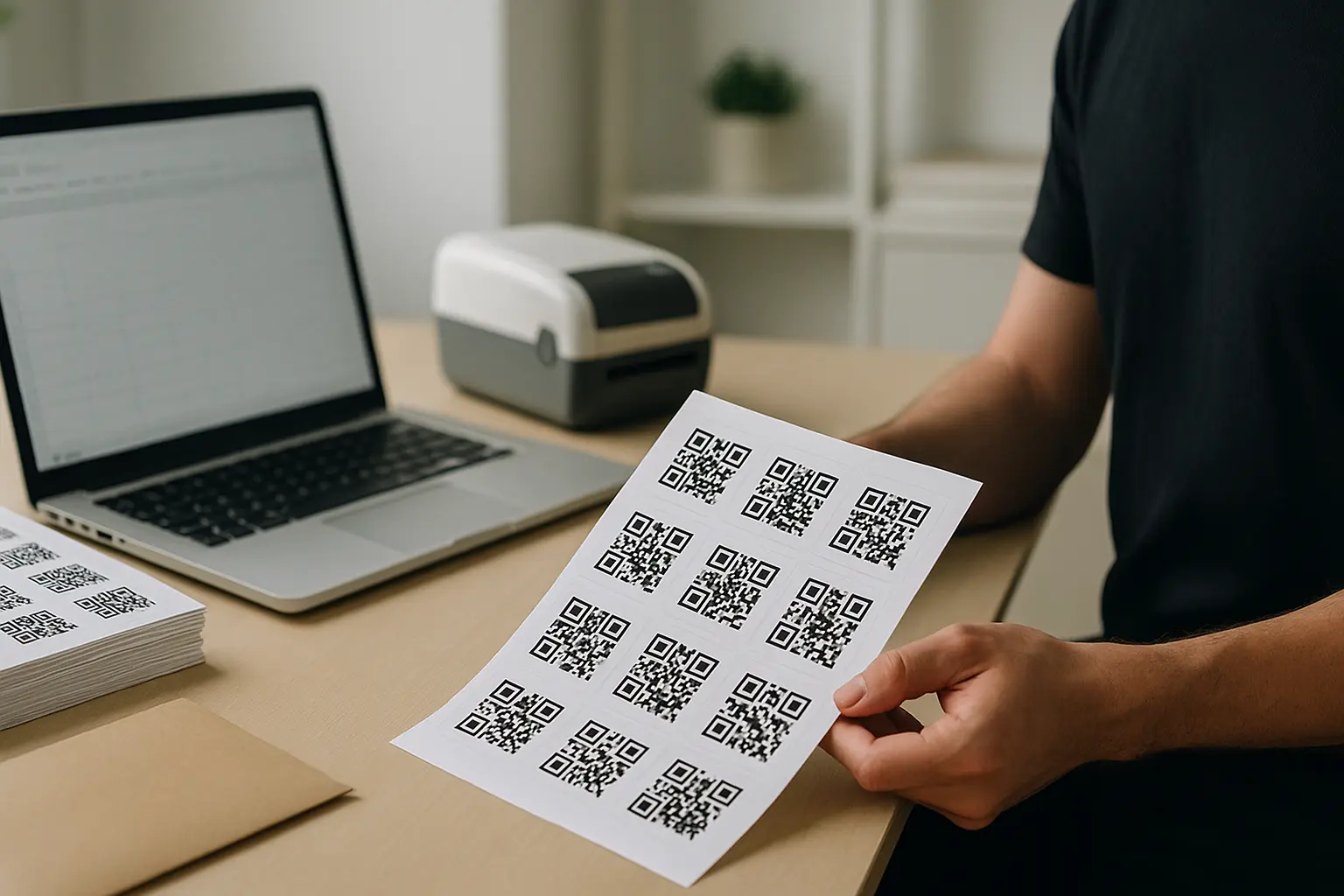 Person checking printed QR label sheet next to a laptop spreadsheet