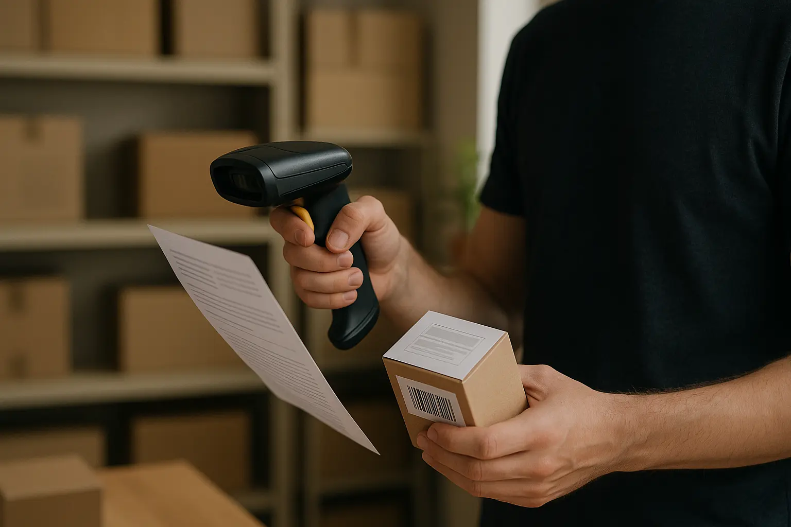 Worker comparing a barcode scanner with a product label and manual page