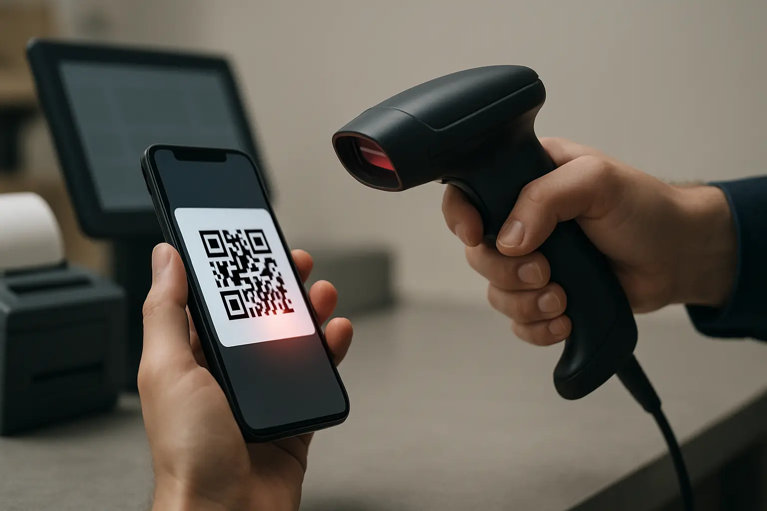 Handheld scanner reading a QR code on a phone at a checkout counter