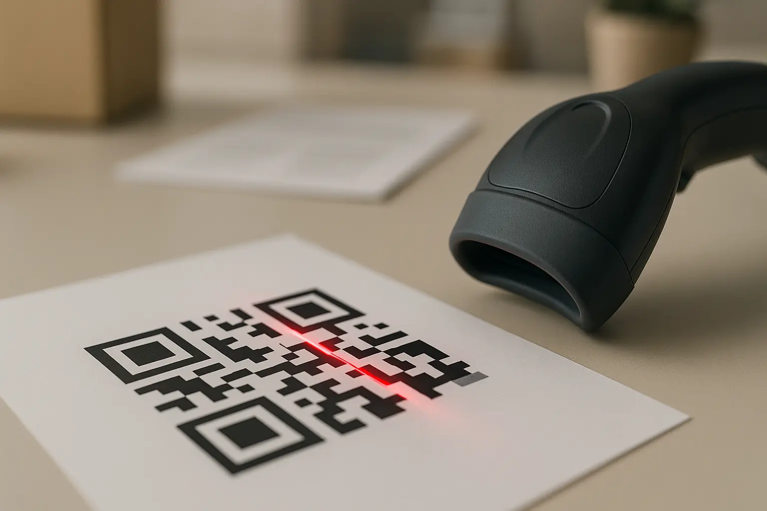 Laser scanner line passing over a printed QR code on paper