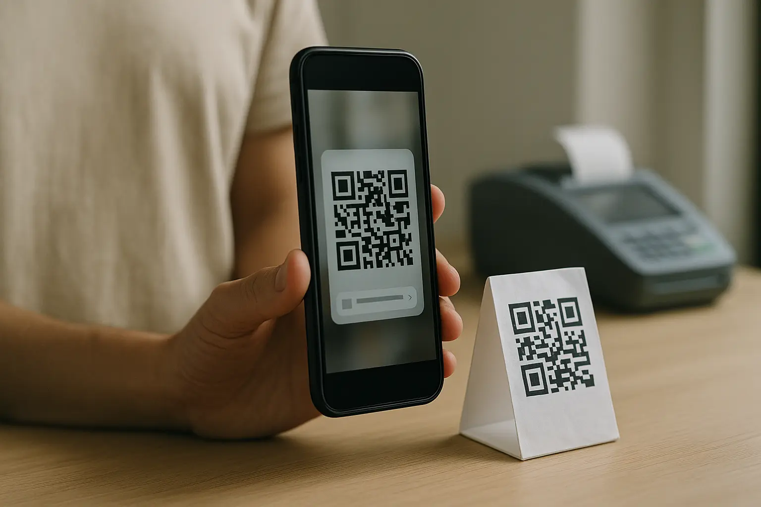 Phone scanning a QR code on a payment stand with a URL preview
