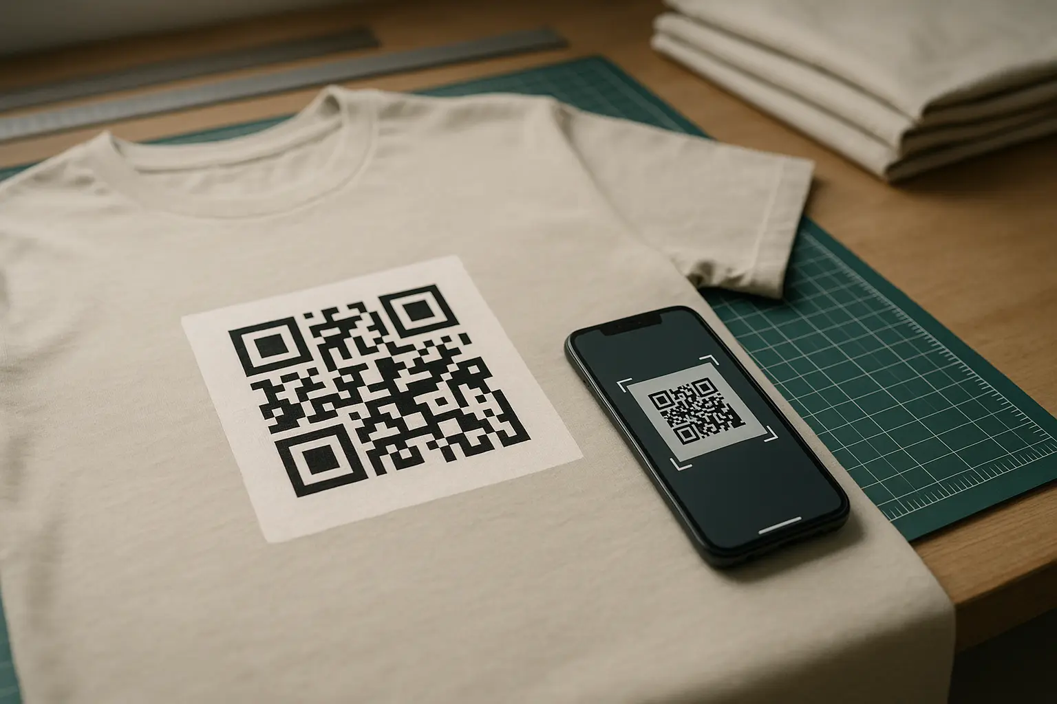 T-shirt on a work table with a printed QR code beside a phone scanning it