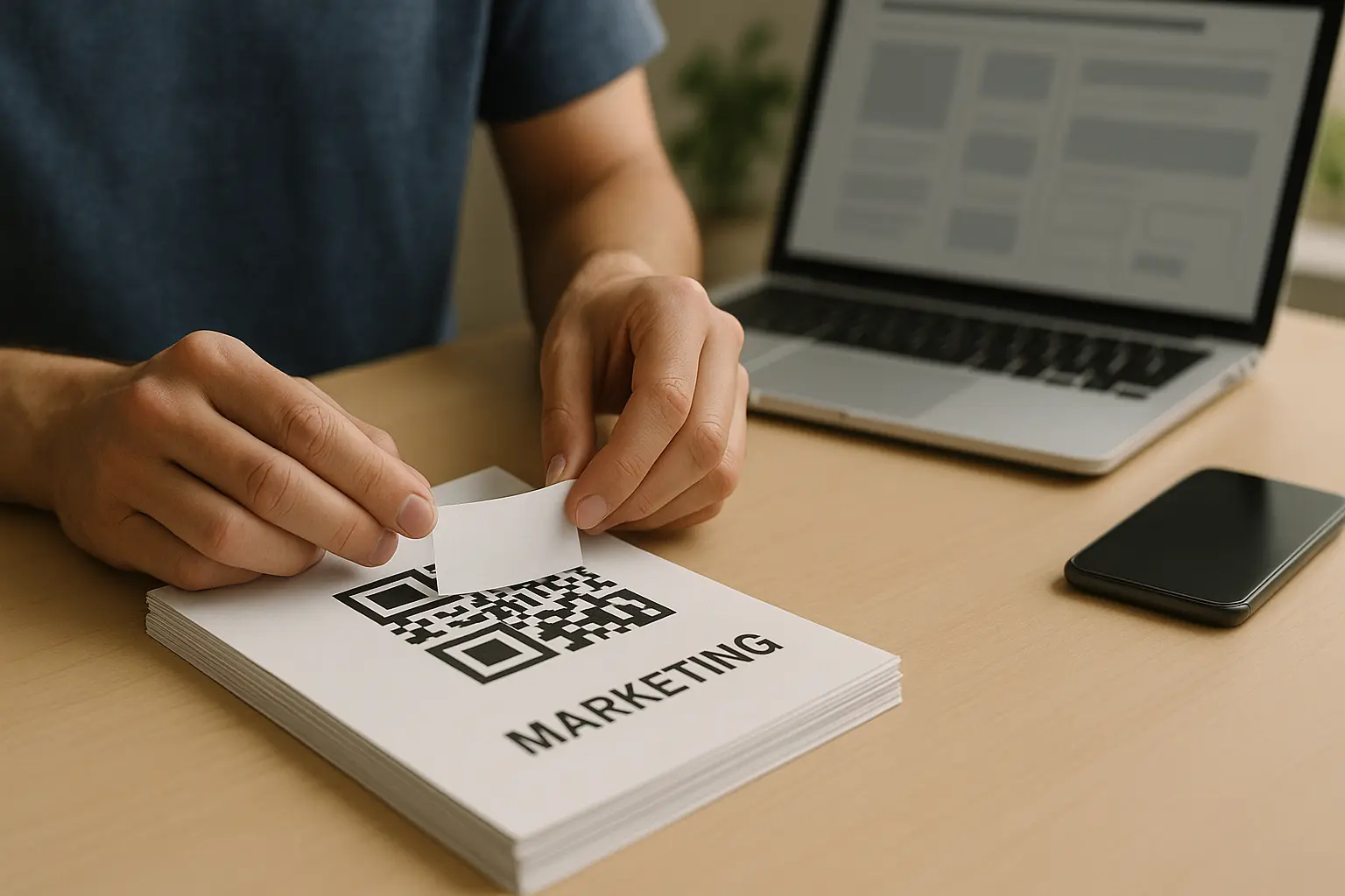 Sticker overlay covering a QR code on a printed flyer beside a laptop