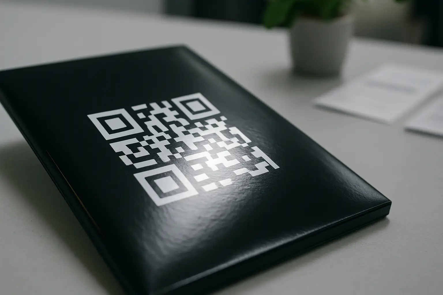 Inverted QR code on glossy dark material with glare obscuring part of the code