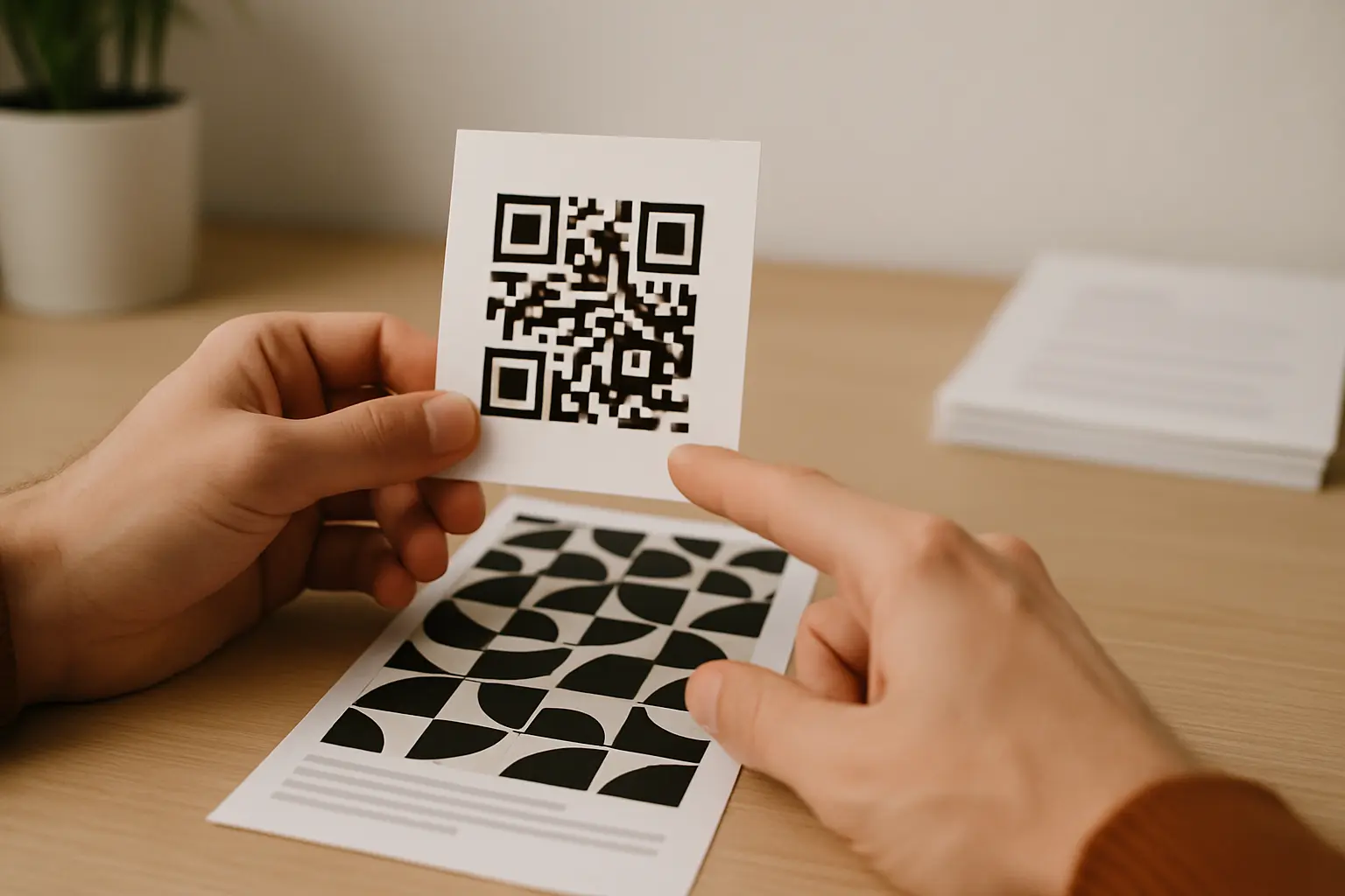 Hands demonstrating the clear quiet zone margin around a QR code card