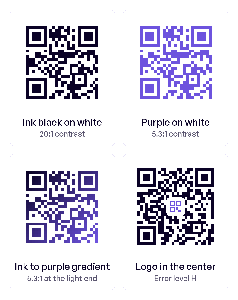 4 test QR codes for qrplify.com: ink black on white, purple on white, an ink to purple gradient, and ink black with a logo in the center