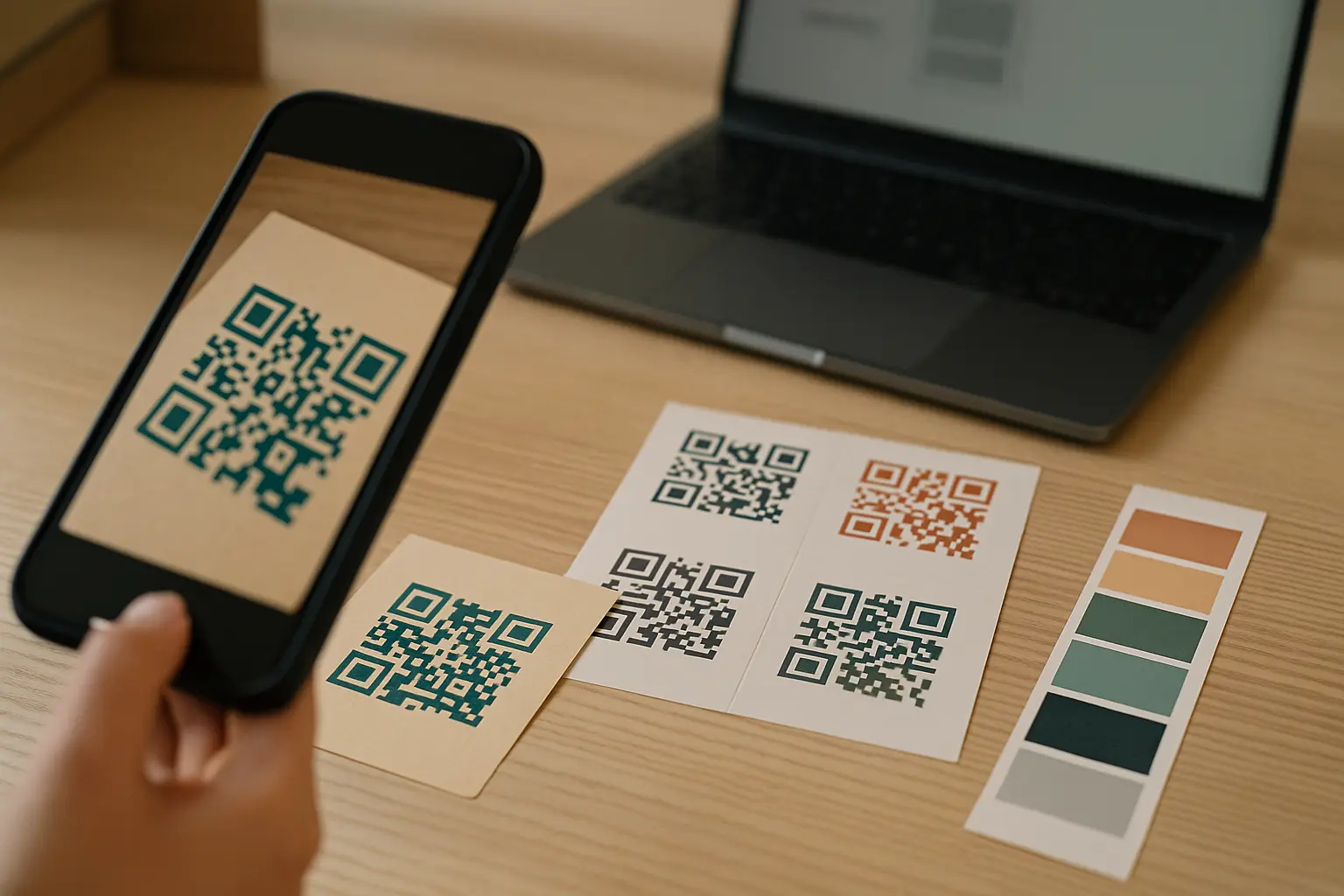 Phone scanning a colored QR code on a printed label sheet at a packaging desk