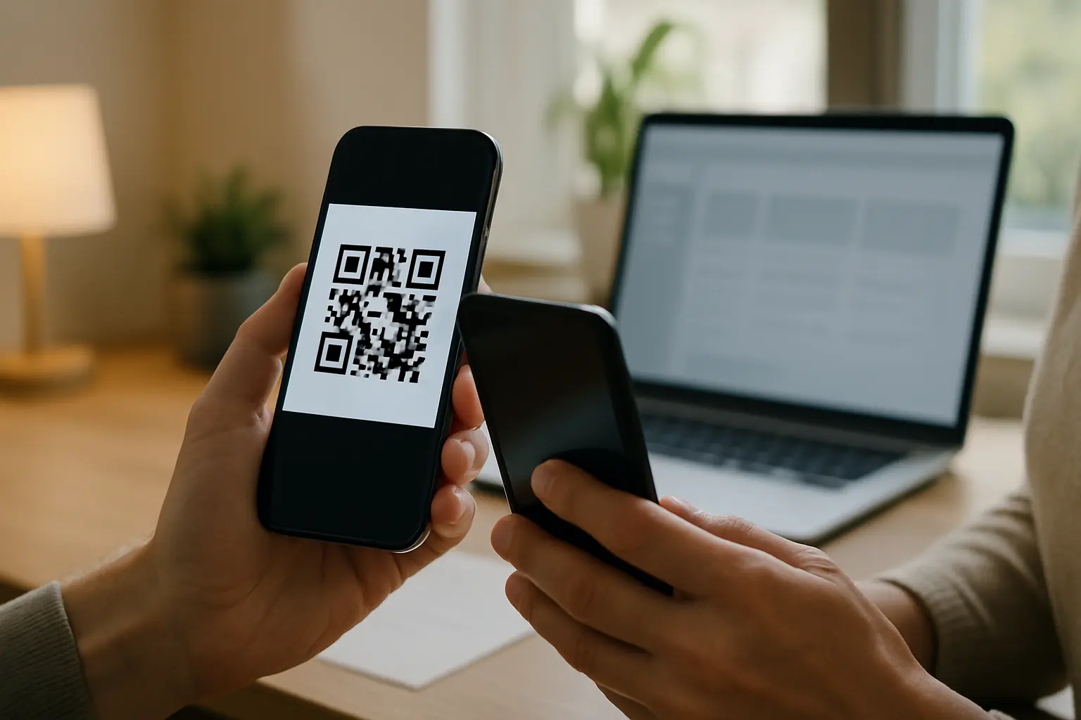 Phone scanning a QR code screenshot on another phone at a desk
