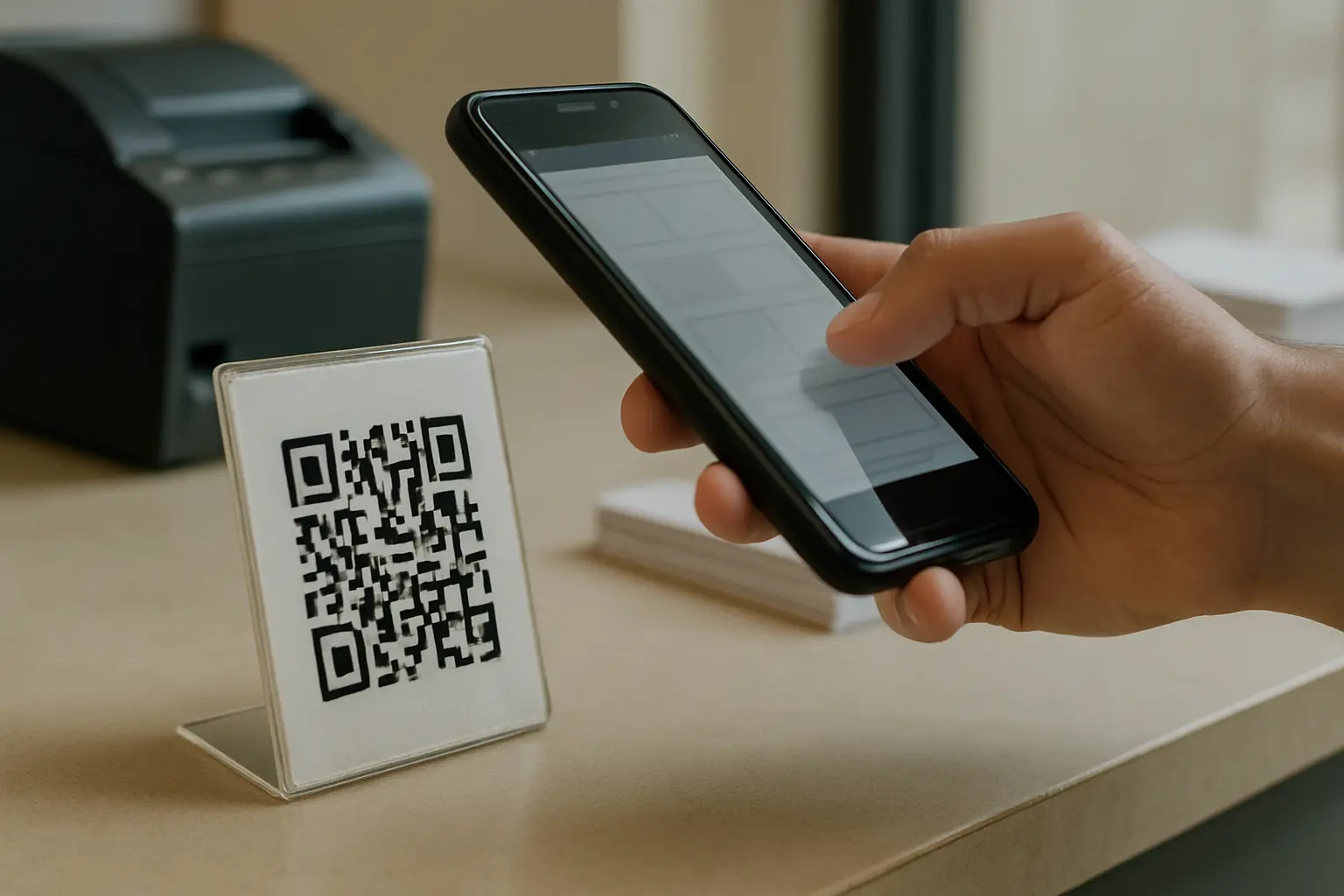 Phone scanning a printed QR code on a laminated countertop sign