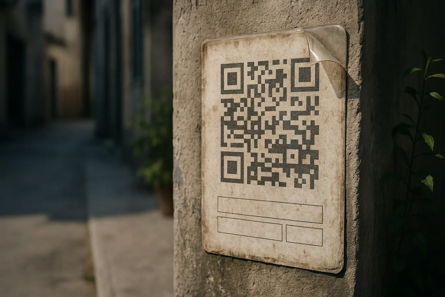 Faded outdoor QR code sign with grime and protective cover