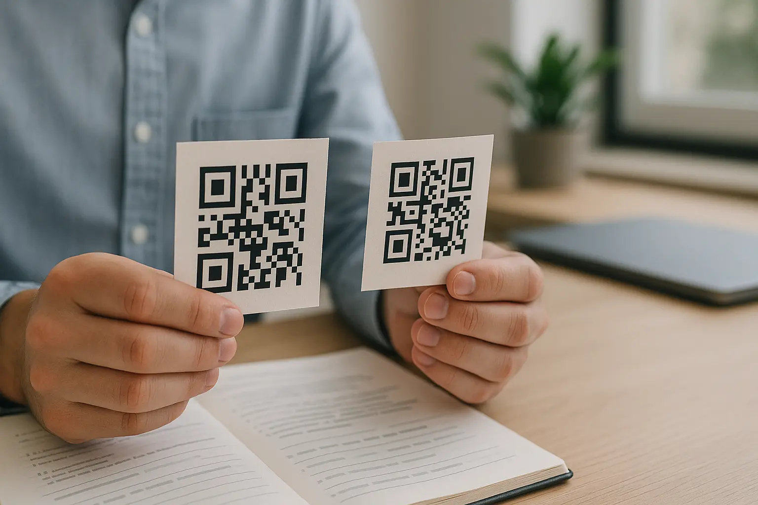 Person comparing two printed QR code cards at a desk