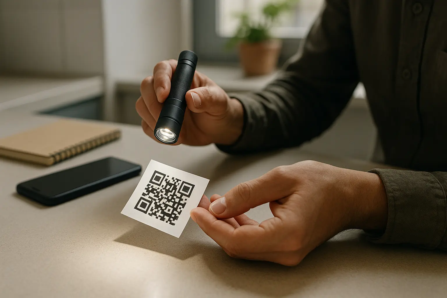 Person checking a QR code label for glare and damage
