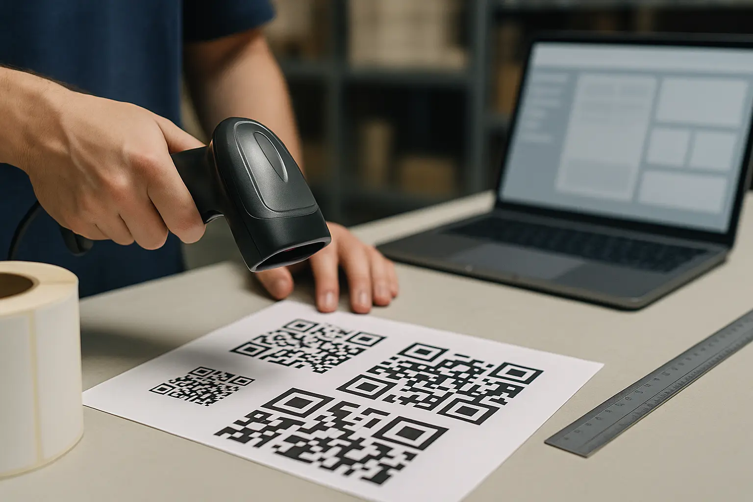 Printed QR grid sheet next to a handheld scanner on a labeling desk