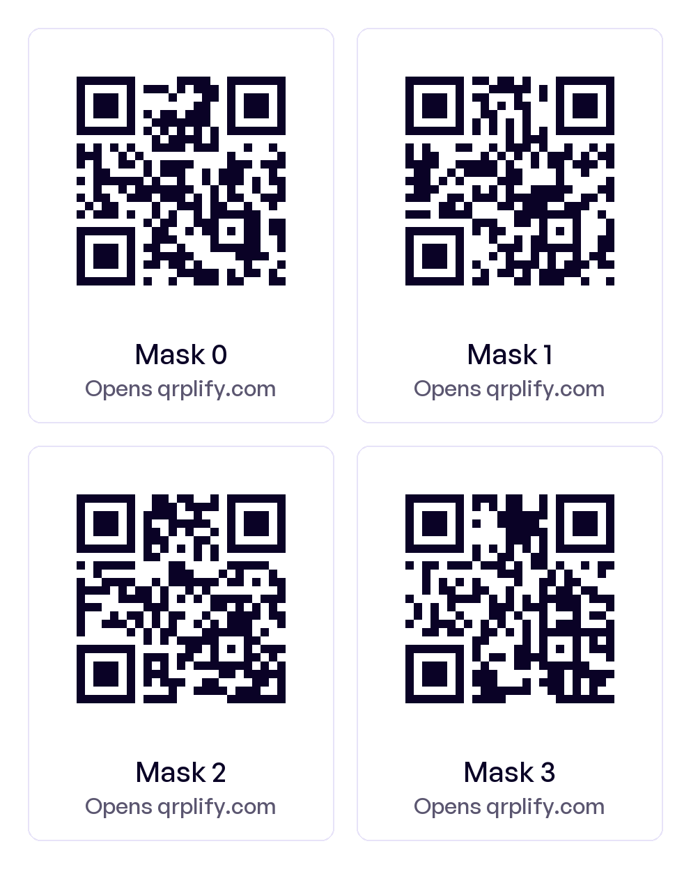 4 real QR codes for qrplify.com, each drawn with a different mask pattern: mask 0, mask 1, mask 2 and mask 3