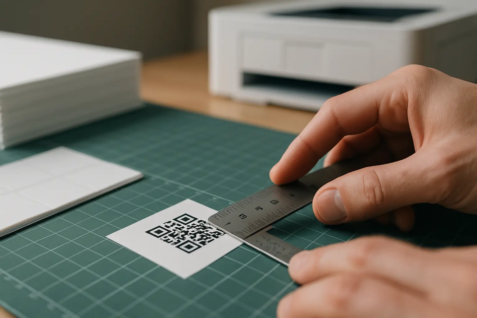 Tiny QR code label being measured with a ruler on a print desk