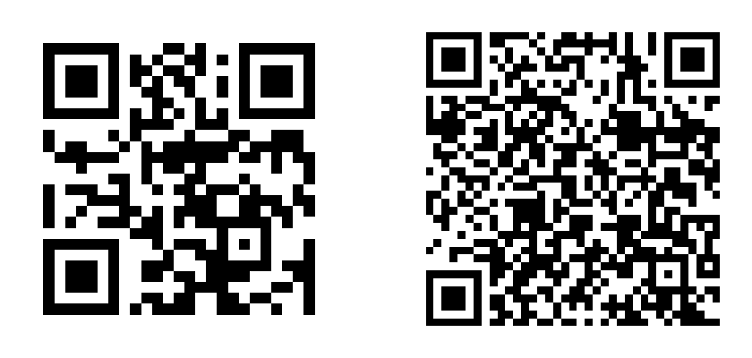 2 real QR codes at the same width: the short link has 25 by 25 modules, the long link 37 by 37