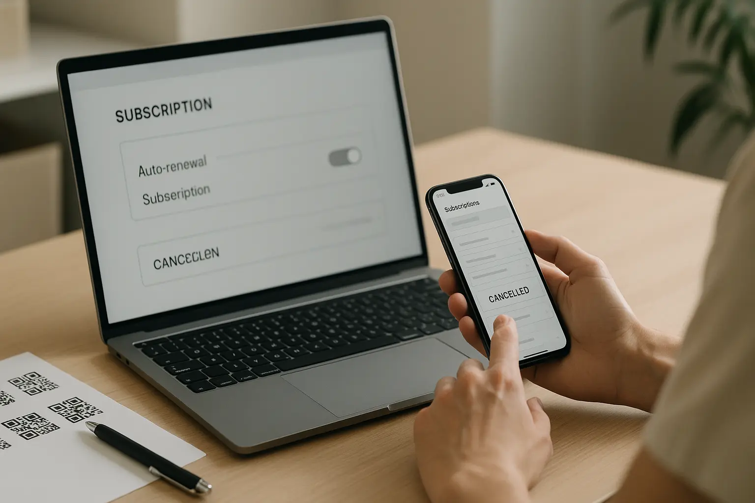 Laptop and phone showing subscription cancellation settings beside printed QR labels