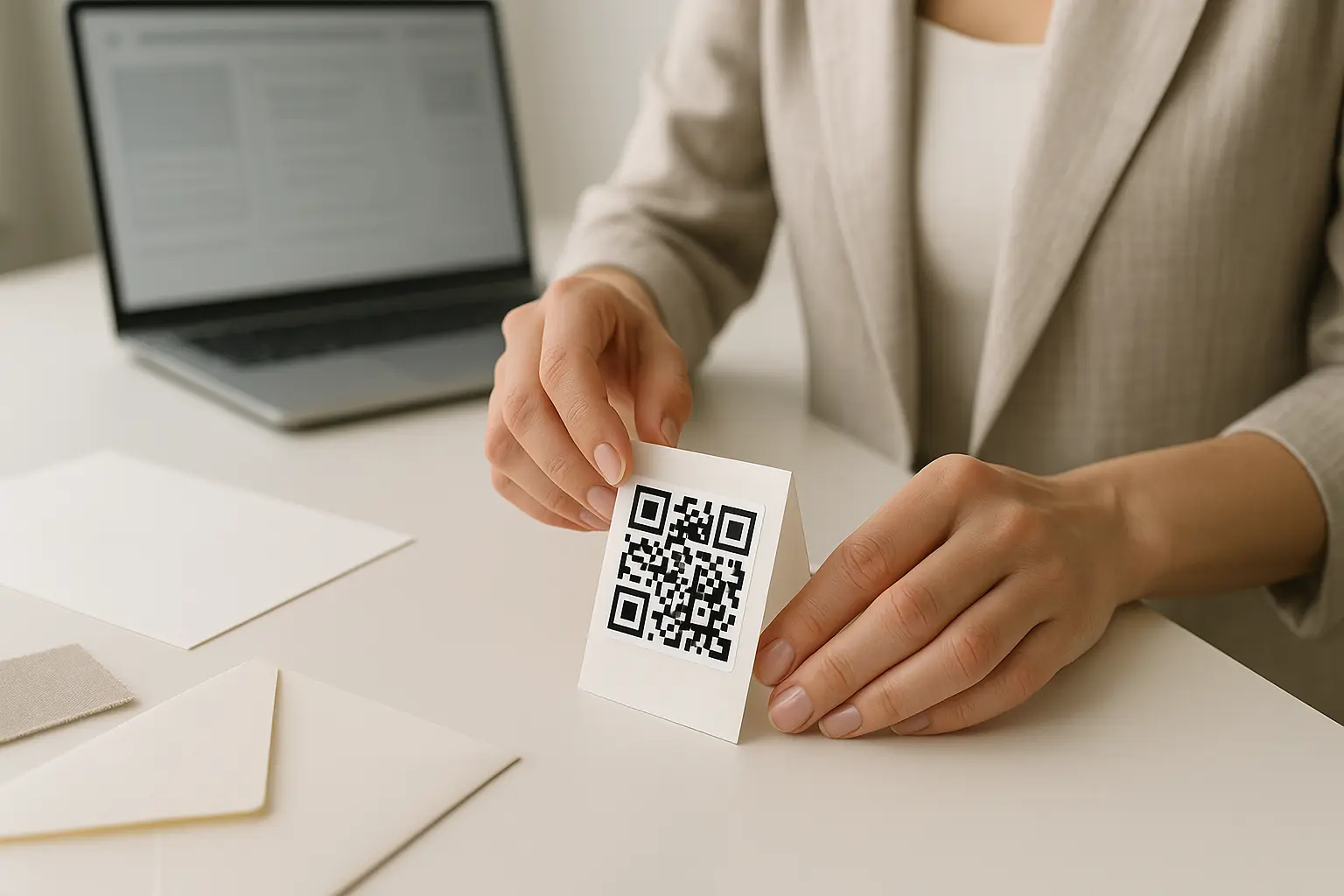Hands placing a QR code sticker onto a wedding photo table tent card