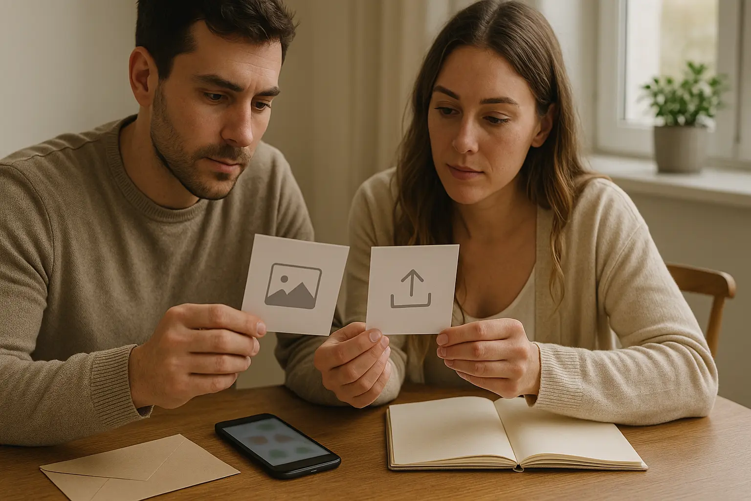 Couple comparing options for viewing versus uploading guest photos