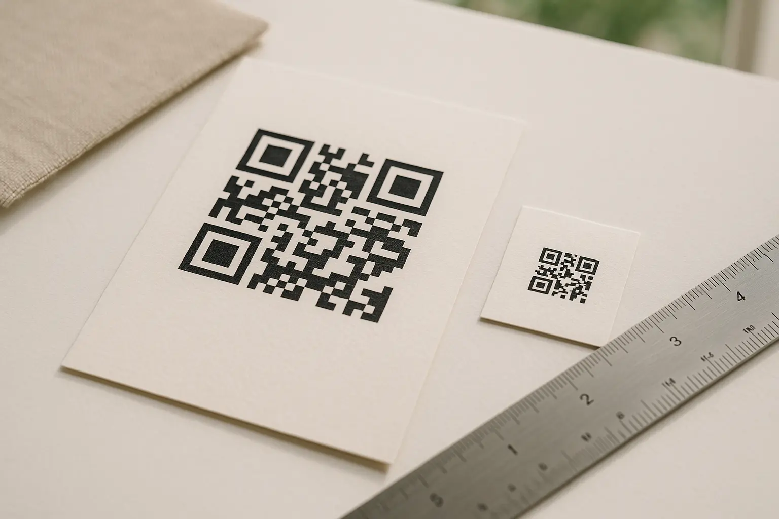 Printed QR code samples showing size and quiet zone next to a ruler