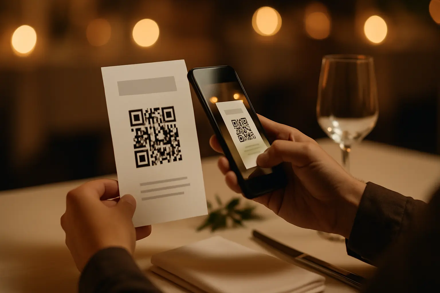 Person testing a printed wedding QR code by scanning it in dim lighting