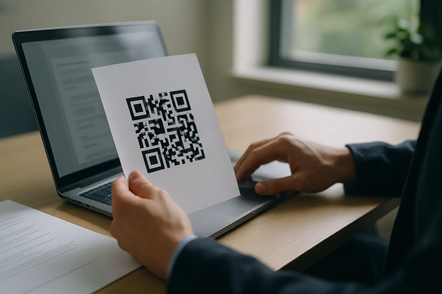 Person holding a printed QR code while working at a laptop