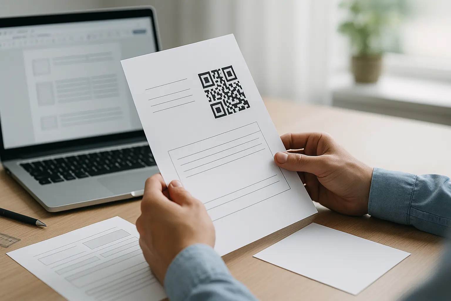Printed Word flyer page with a QR code on an office desk