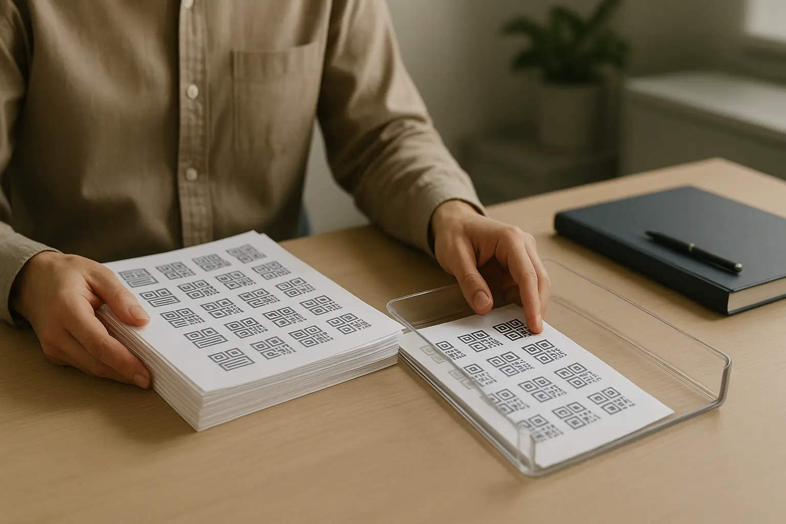 Stack of printed QR label sheets being sorted on a desk