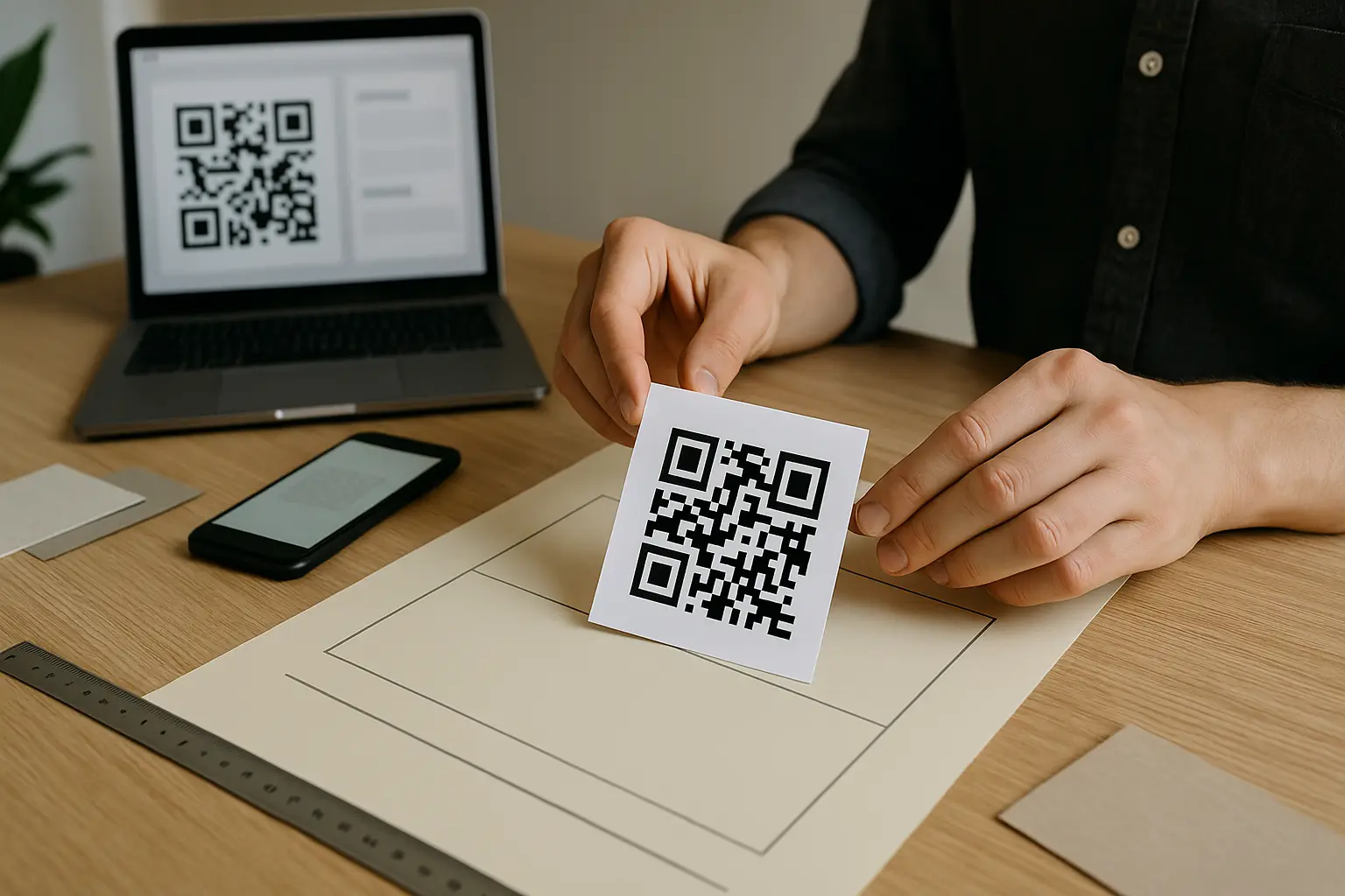 Printed QR code being placed onto a poster on a marketing desk