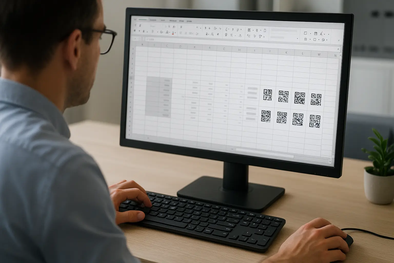 Person editing a spreadsheet with generic QR images loading in cells