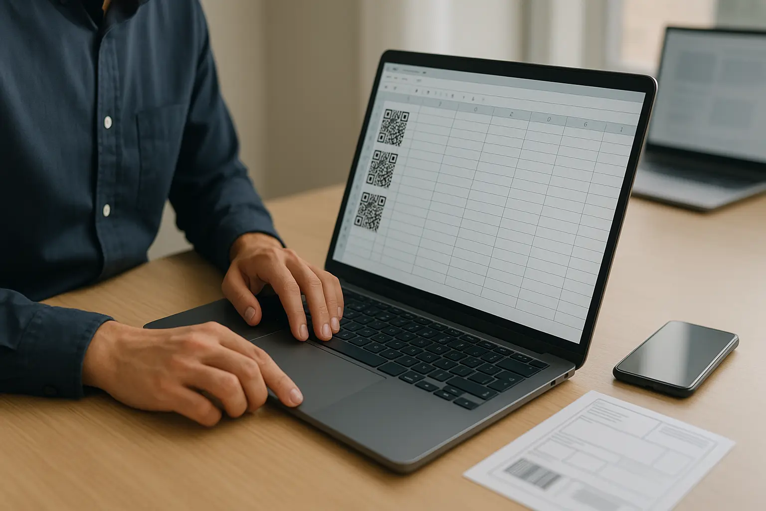 Worker filling down a spreadsheet column to generate QR codes in Excel