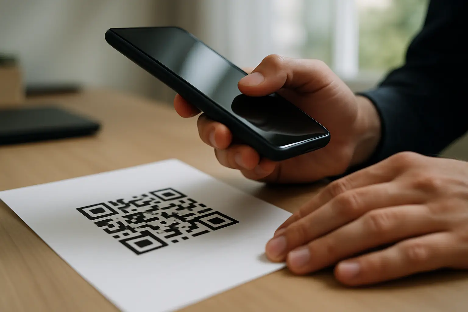 Phone held above a printed generic QR code on a desk