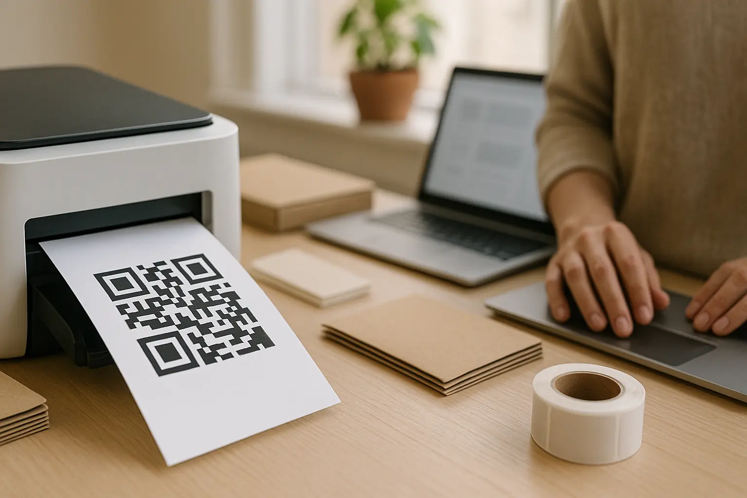 Printed thank-you card with a generic QR code at a packing desk