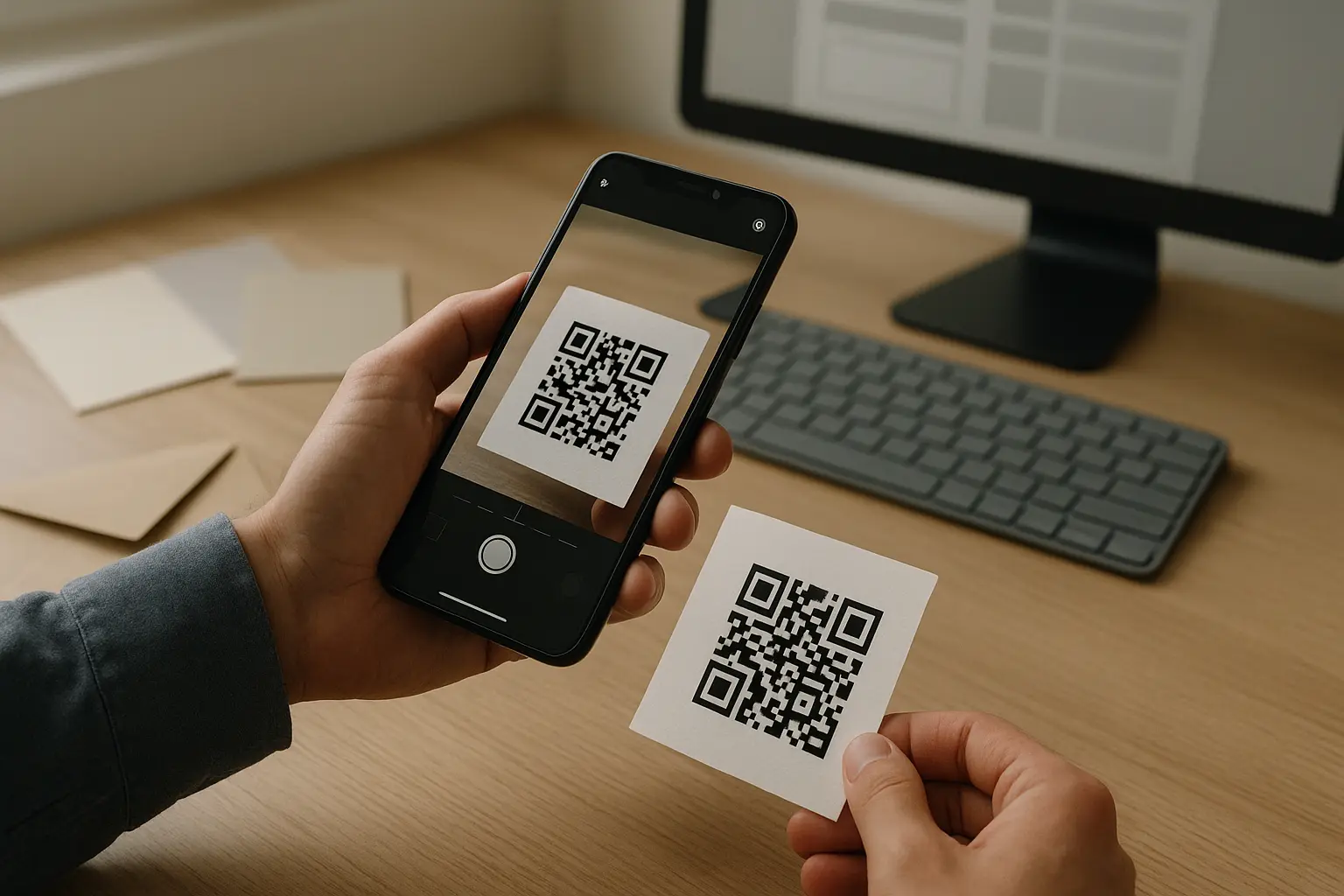 Phone camera scanning a printed QR code on an invitation card