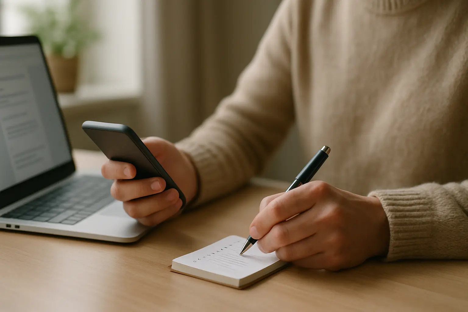 Person reviewing an invite link on a phone while noting settings on paper