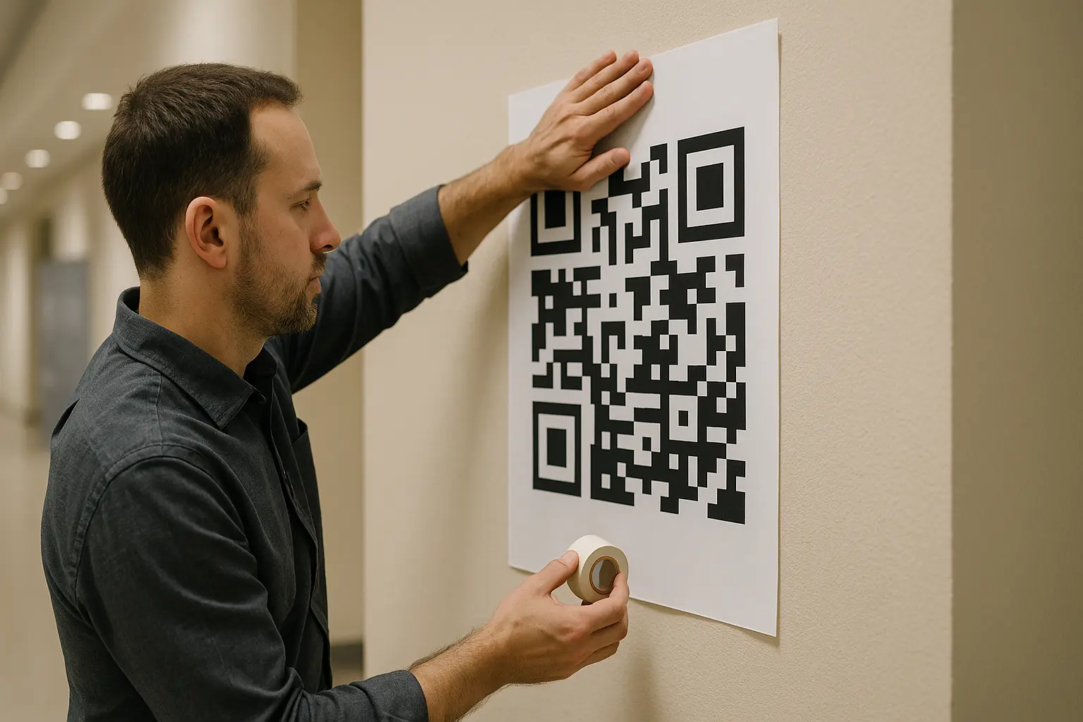 Person placing a QR code poster on a wall with clear blank margin