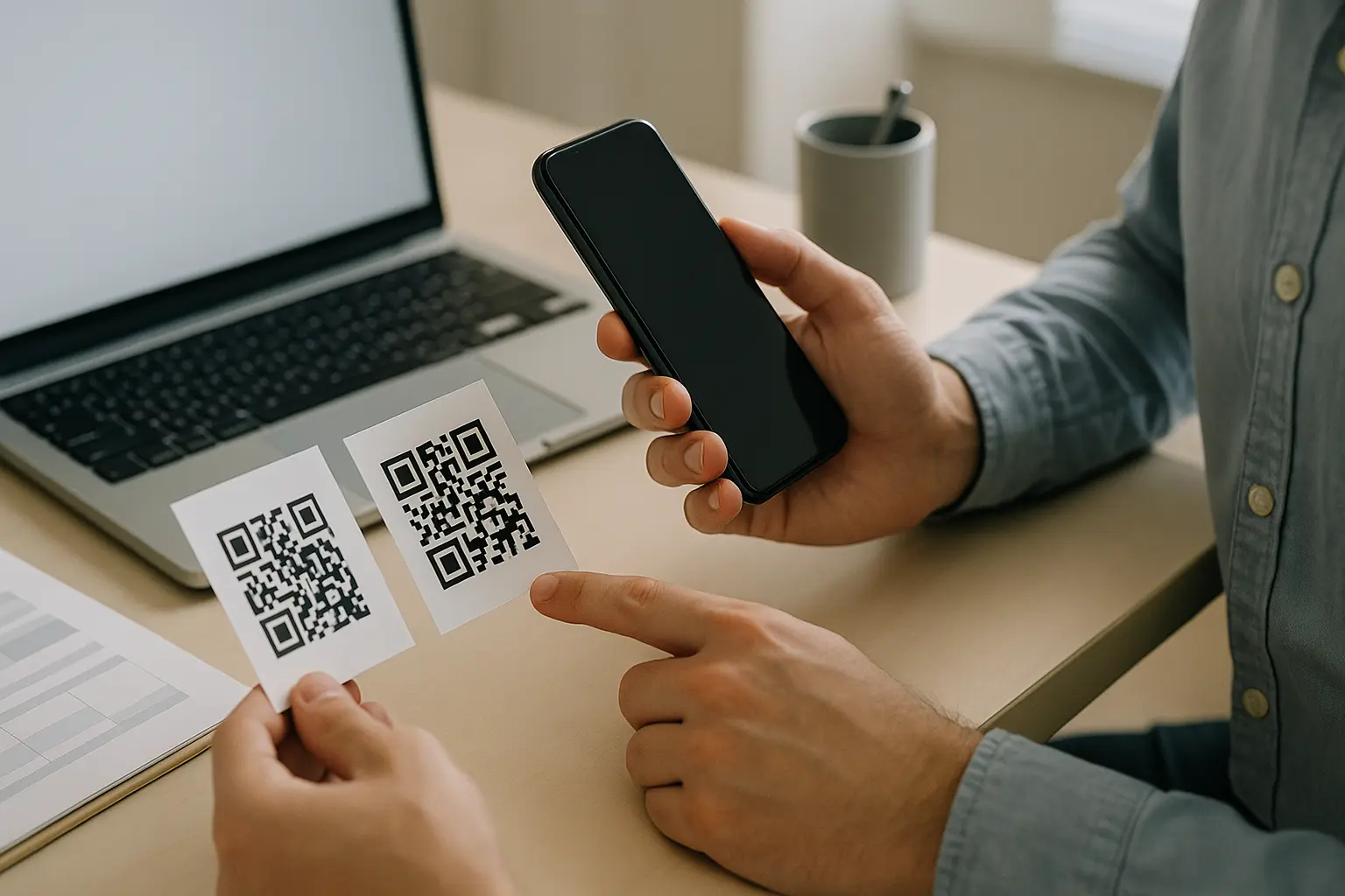 Two printed QR code cards being compared next to a smartphone