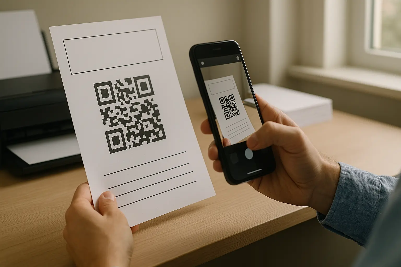 Phone scanning a printed QR code on an event flyer at a desk