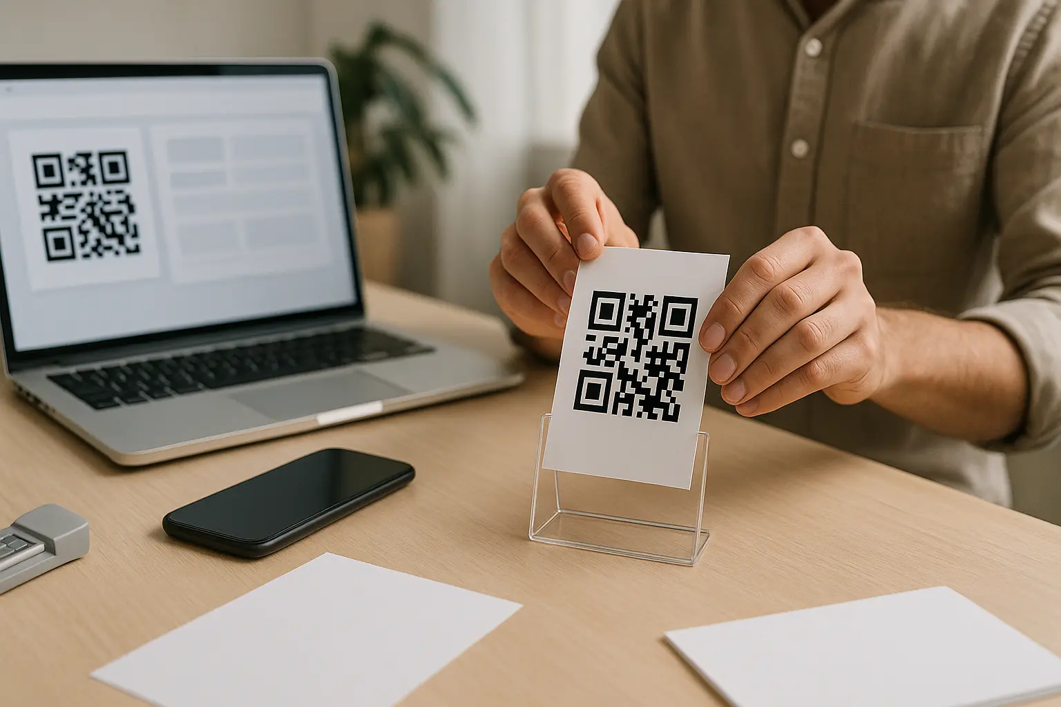QR code card being placed into a tabletop sign holder on a desk