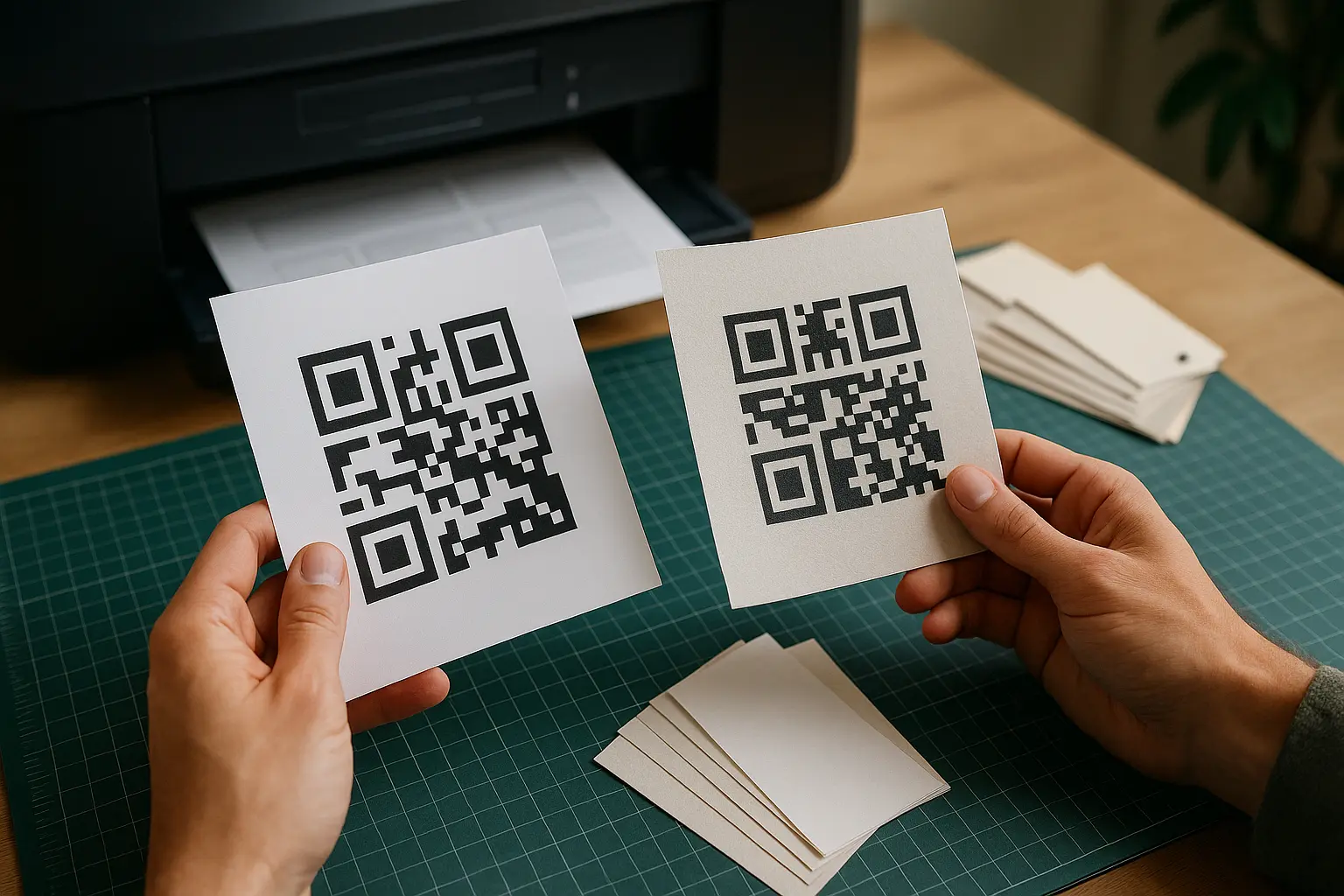 Hands comparing sharp and blurry printed QR code proofs