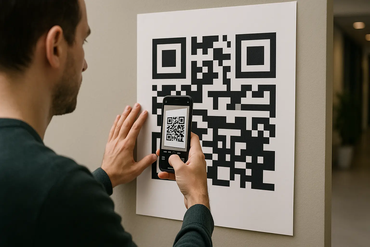 Person scanning a high-contrast QR code on a poster from a short distance