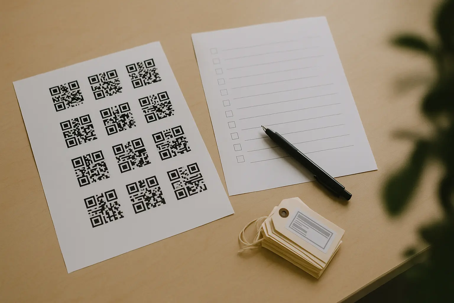 Grid of QR stickers next to a blank checklist for bulk verification