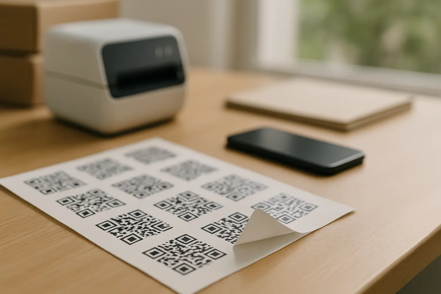 Peeling a printed QR code sticker from a matte label sheet on a packing desk