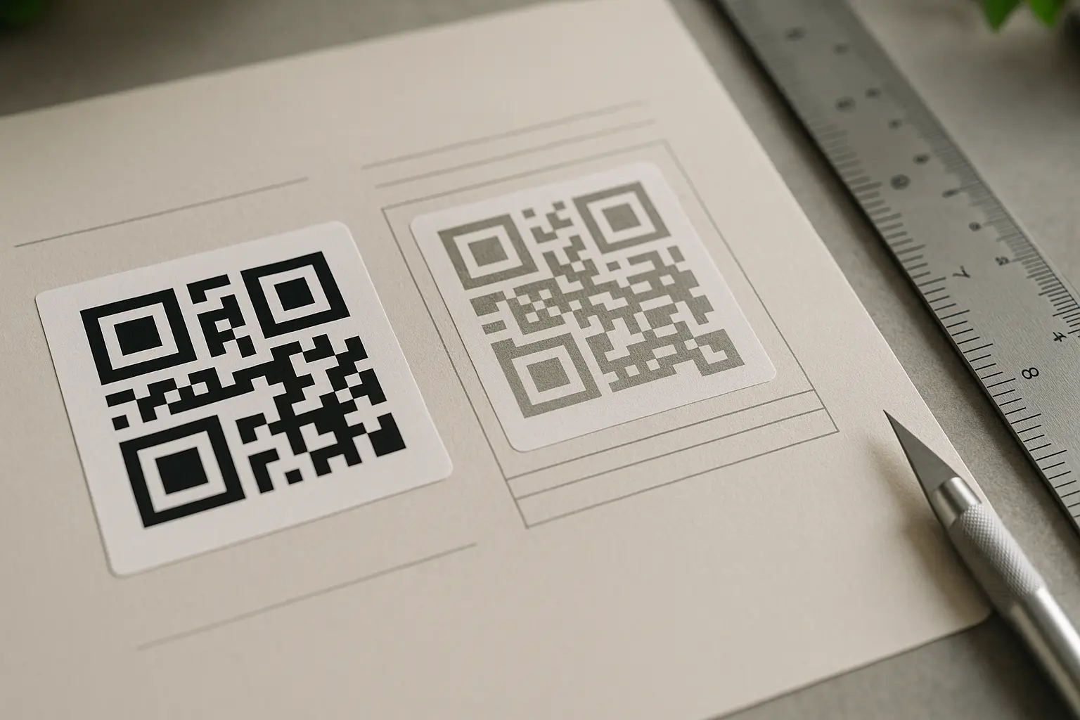 Two sample QR stickers showing clean versus crowded quiet zone margins