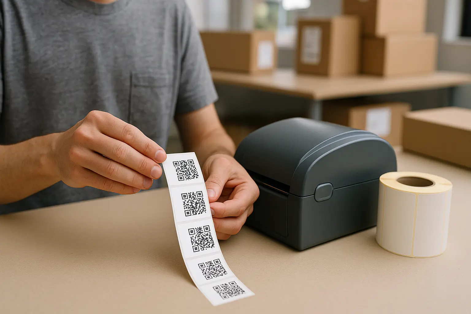 Hands pulling a strip of QR labels from a thermal label printer