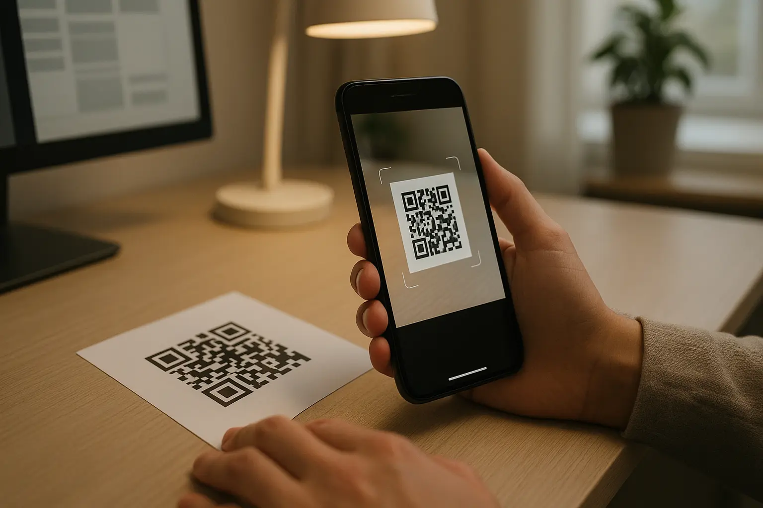 Phone camera scanning a QR code on a glossy flyer