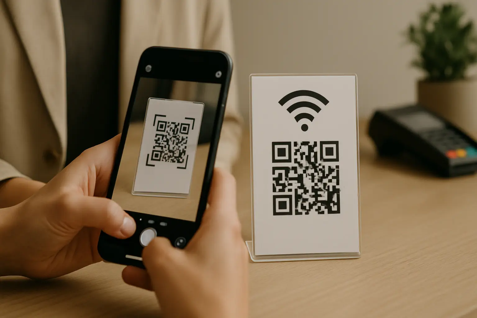 Phone camera scanning a WiFi QR code sign on a hotel counter