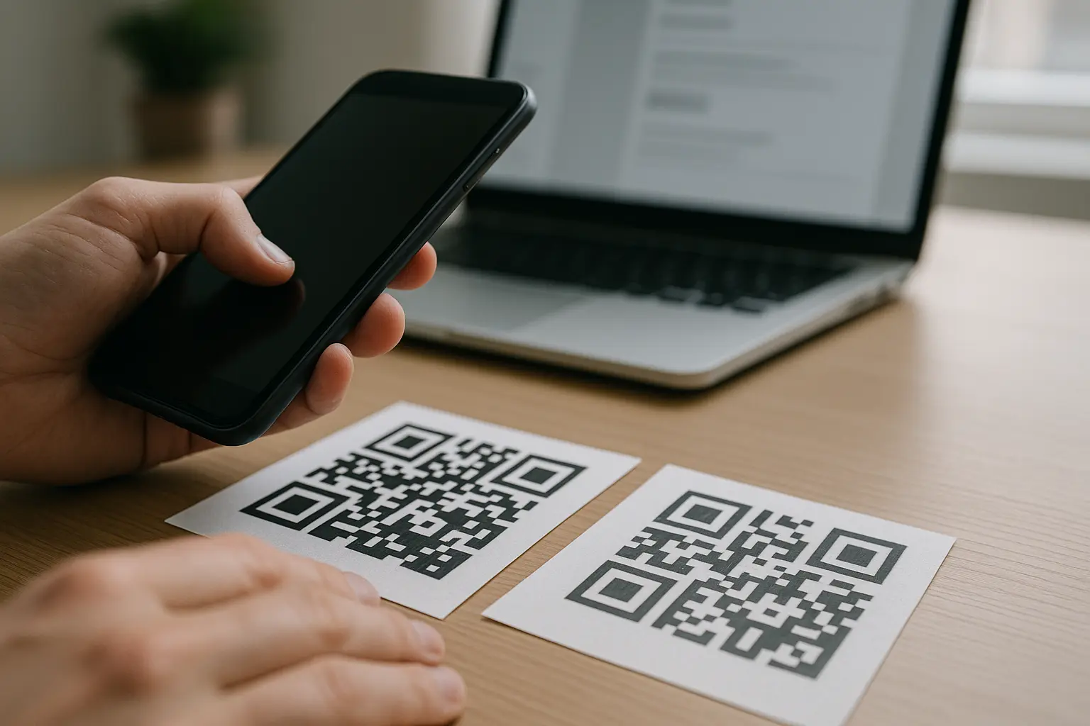 Two QR code cards, one crisp and one blurry, with a phone held above them