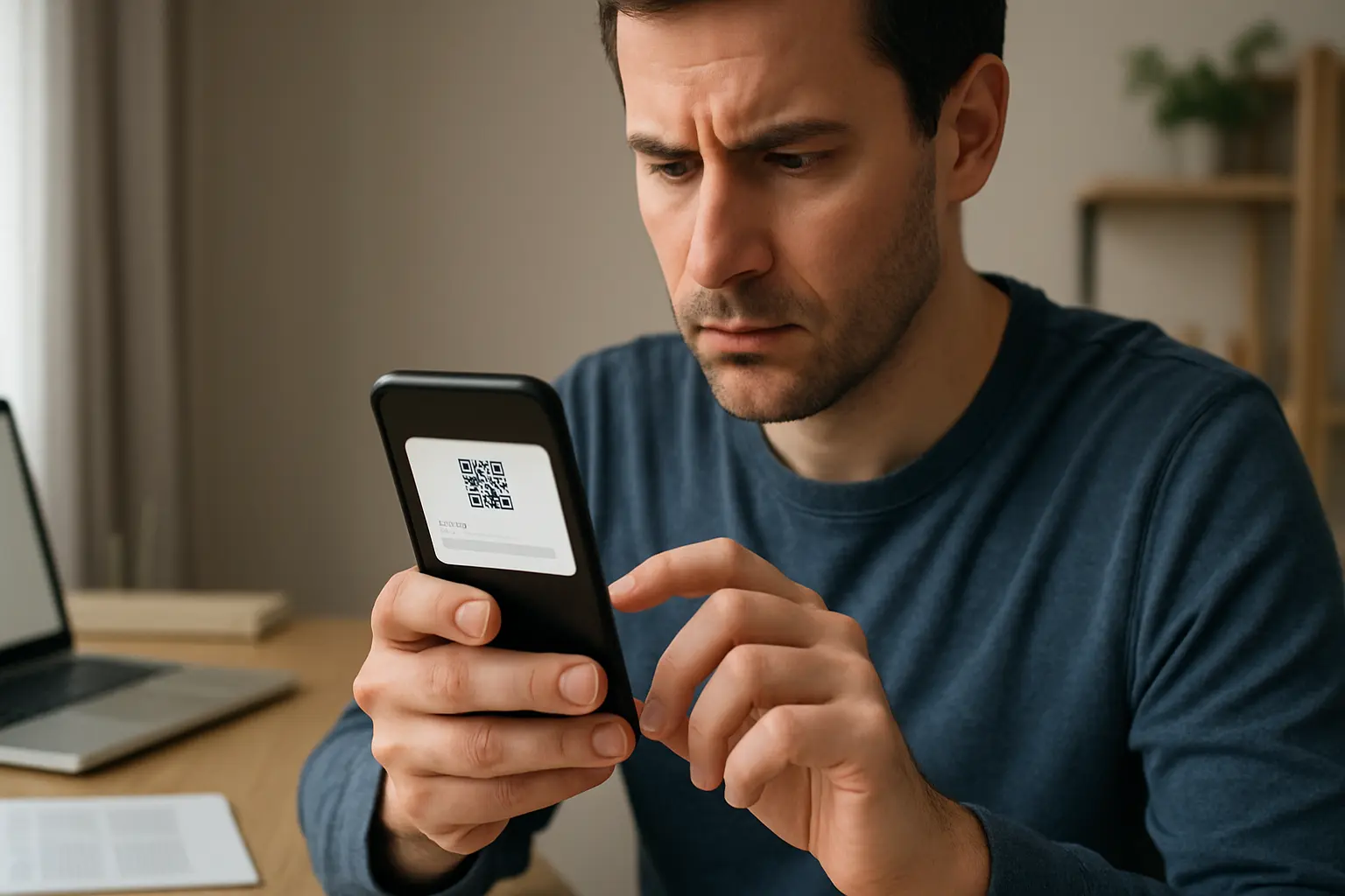 Person in a home office cautiously reviewing a QR message on a phone