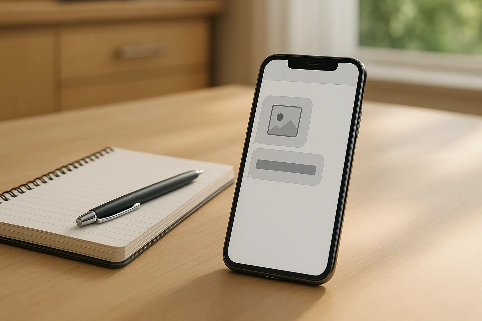 Phone on a table showing a photo attachment preview and a plain text link message